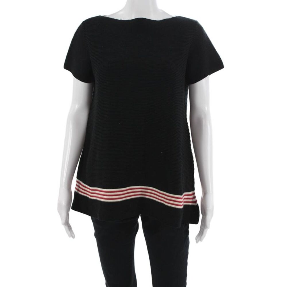 Farella Women Black Striped Tunic Round Neck Short Sleeve Cotton Poly Size M